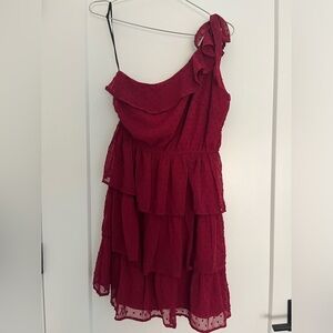One Shoulder Mini Dress Ruffled High Waist Tiered Red/burgundy Small